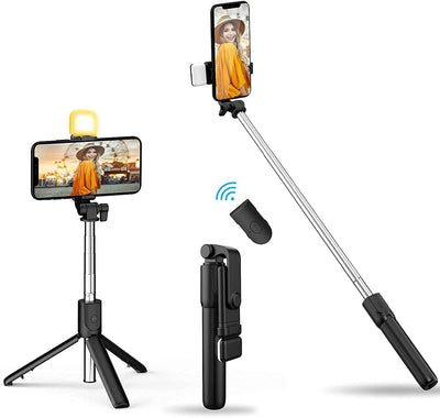 Selfie Stick Tripod R1S Bluetooth Remote Control Tripod Selfie Stick New Model with Wireless Remote Shutter Compatible with All Cell Phones - Selfie Stick with Light
