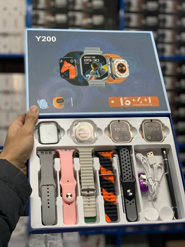 Y200 Smart Watch | 3 Watches | 13 Straps | Silicone Case | Touch Pen & Counter | 3 In 1 Combo Deal | Family Pack (random Color)
